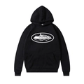 Black long-sleeve hoodie with white island graphic print and front kangaroo pocket - S / Black (White Label)