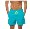 Details der türkisfarbenen Badehose mit neongelbem Kordelzug und elastischem Bund - S / Seeblau