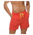 Detail der korallenroten Badehose mit neongelbem Kordelzug und Seitentasche - Orangerot / 2XL