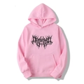 Detail of gothic graphic print and kangaroo pocket on pink oversized hoodie - Pink