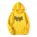 Close-up of the gothic black lettering print and drawstrings on this bright yellow hoodie - S / Yellow