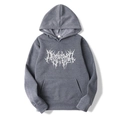 Detail shot of the white death metal font print on a dark gray gothic oversized hoodie - Dark Gray