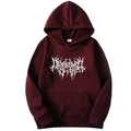 Close-up of gothic white lettering print and kangaroo pocket on maroon hoodie - Burgundy
