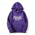 Gothic dark purple oversized hoodie featuring white death metal graphic print in size M - Purple