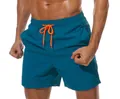 Lake blue quick-dry swim trunks for men featuring a bright orange elastic drawstring waist - Peacock Blue (Triangle Lining)