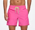 Men's quick-dry swim trunks in vibrant rose pink with a neon green drawstring - Rose Red (Triangle Lining)