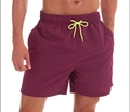Men's burgundy quick-dry swim trunks with elastic waist and fluorescent yellow drawstring - Wine Red (Triangle Lining)