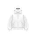 White full zip hoodie with a unique face mask hood design and kangaroo pockets - White