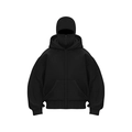 Detail view of heavy black oversized hoodie featuring a full-zip balaclava style mask hood - S / Black