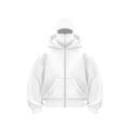 Detail of heavy white full-zip hoodie featuring a unique full-face balaclava mask hood - S / White