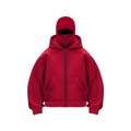 Detail of red oversized hoodie featuring an integrated balaclava face mask and zipper - S / Burgundy