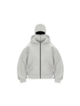 Detail of grey full-zip hoodie featuring a unique built-in balaclava style goggles hood - Light Gray