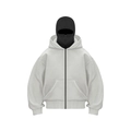 Detail of white hooded zip-up sweatshirt featuring a double hood and balaclava design - Light Gray + Black Hood