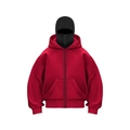 Detail of red hoodie with integrated black balaclava mask and heavy metal front zipper - Red + Black Hood