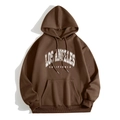 Women's brown hoodie with Los Angeles lettering and warm fleece lining for autumn winter - Dark Brown (LOS ANGELES CALIFORNIA)