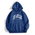 Detail of Los Angeles print on navy blue hooded sweatshirt with front kangaroo pocket - Blue (LOS ANGELES CALIFORNIA)