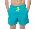 Herren Badeshorts in Türkisblau mit neongelbem Kordelzug, schnelltrocknende Strandhose - S / Himmelblau (Dreiecksfutter)
