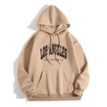 Detail of Los Angeles California letter print on beige drawstring hoodie sweatshirt - Coffee (LOS ANGELES CALIFORNIA)