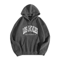 Detail of Los Angeles print on a dark gray hooded sweatshirt with a front kangaroo pocket - Dark Gray (LOS ANGELES CALIFORNIA)