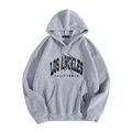 Detail of Los Angeles print on gray drawstring hoodie with ribbed cuffs and kangaroo pocket - Light Gray (LOS ANGELES CALIFORNIA)