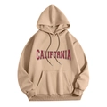 Detail of California print on beige fleece hoodie with kangaroo pocket and drawstring - Coffee (CALIFORNIA)