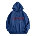 Close-up of blue hooded sweatshirt featuring red California lettering and kangaroo pocket - Blue (CALIFORNIA)