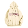 Detailed shot of cream California hoodie with red letters and kangaroo pocket - Apricot (CALIFORNIA)