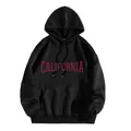 Detail of red California letter print on black hooded sweatshirt with kangaroo pocket - Black (CALIFORNIA)