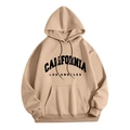 Detail of loose-fit beige hoodie featuring California letter print and kangaroo pocket - Coffee (CALIFORNIA LOS ANGELES)