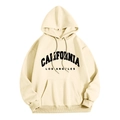 Detailed close-up of California Los Angeles letter print on beige fleece hoodie - Apricot (CALIFORNIA LOS ANGELES)