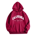 Detail of burgundy hoodie featuring California Los Angeles white lettering and kangaroo pocket - Red (CALIFORNIA LOS ANGELES)