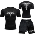 Men's 3-piece MMA compression suit with black tribal prints including t-shirt and shorts - S / Tribal Wing Black Style (1)