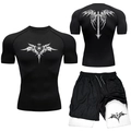 Detail of MMA compression kit showing gothic totem print on breathable gym t-shirt and shorts - S / Gothic Black White Style (2)