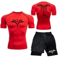 Close-up of red compression shirt and black double-layer shorts with tribal print - S / Red Slim Totem Style (3)
