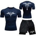 Detail of navy MMA compression shirt and shorts with white punk bone prints for training - S / Navy Bone Totem Style (5)