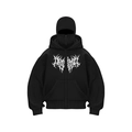 Gothic style black full zip hoodie with integrated face mask and white metal graphic print - Black with White Letters