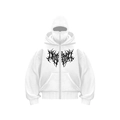 White full zip hoodie with gothic thorn print and integrated balaclava mask style hood - White and Black Letters