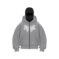 Grey gothic zip hoodie with double hood mask and thorn death metal graphic print - Light Gray with White Letters