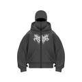 Detail of dark grey oversized gothic hoodie featuring a full-face balaclava hood design - Dark Gray with White Letters