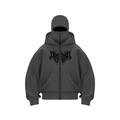 Gothic dark grey zip-up hoodie featuring a double hood design and thorn graphic print - Dark Gray with Black Letters