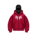 Detail of red gothic hoodie with metal style print, double hood and ribbed cuffs - Red with White Letters