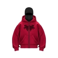 Close-up of red zip-up hoodie featuring black gothic thorn print and full-length zipper - Red with Black Letters