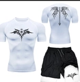 Men's MMA compression set with white wing-print t-shirt and layered black shorts - S / White Tribal Totem Style (11)