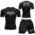 Men's 2-piece MMA compression set in black with white tribal tattoo pattern prints - S / Black Tattoo Totem Style (13)