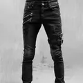 Jean biker slim noir pour homme avec fermetures éclair et boucles décoratives - S / Bas / Noir