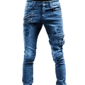 Jean biker bleu slim pour homme avec détails déchirés, fermetures éclair et boucles - S / Bas / Indigo