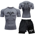 Grey MMA compression shirt and black layered shorts with tribal wing patterns for gym - S / Gray Wing Tattoo Style (14)