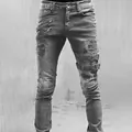 Jean moto gris slim pour homme avec fermetures éclair et genoux déchirés de style rock - S / Bas / Gris
