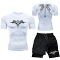 Men's MMA compression set featuring white winged graphic T-shirt and black shorts - S / White Mecha Texture Style (15)