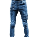 Slim Fit Herren Bikerjeans in Dunkelblau mit Destroyed-Effekten und Metall-Zippern - S / Indigo